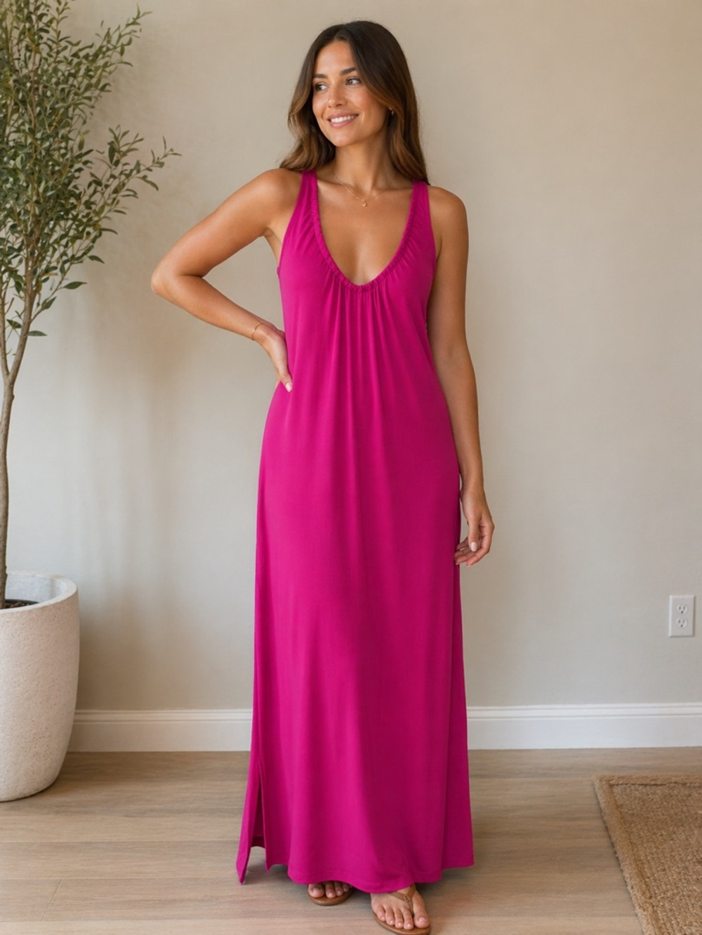 Anthropologie Fuchsia Maxi Dress Size XS Sleeveless Scoop Neck Resort Dress
